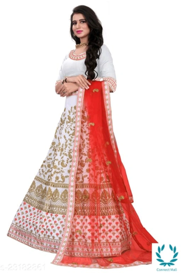 Beautiful Semi Stitched lehenga Choli - Free Size, White, Red, Satain Dupatta Fabric : Net, Embroidered, Multipack :1